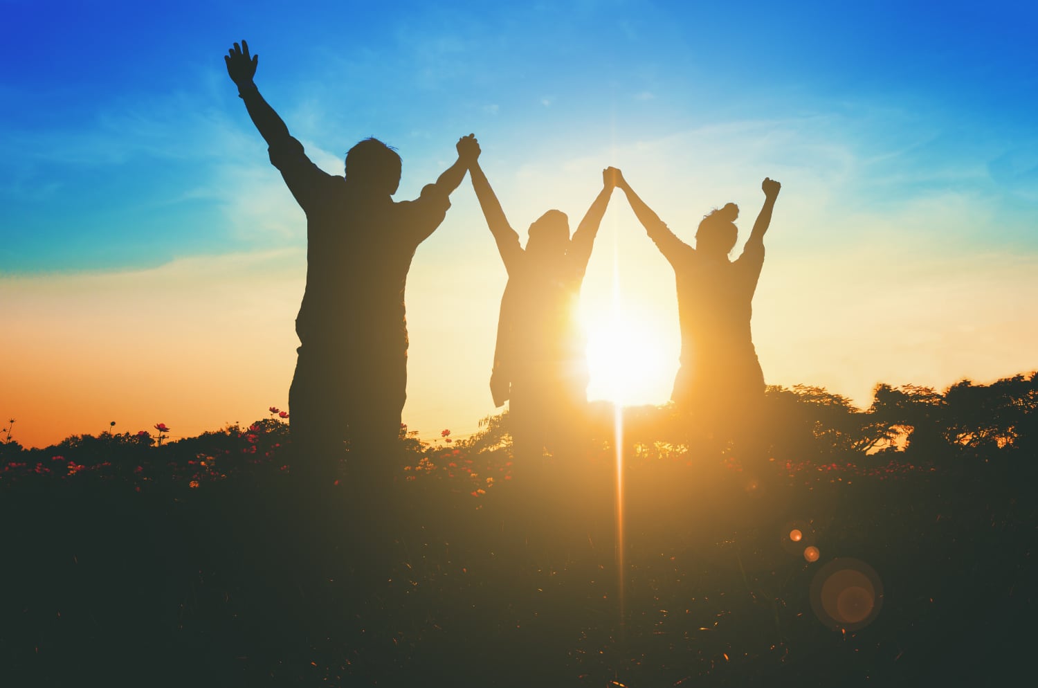 Silhouette of victorious team raising their hands in celebration of their achievement