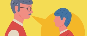 Graphic representing a mature person speaking to their younger self