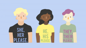 Illustration of teens using varied gender pronouns: She/Hers, He/His, They/Their