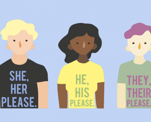 Illustration of teens using varied gender pronouns: She/Hers, He/His, They/Their