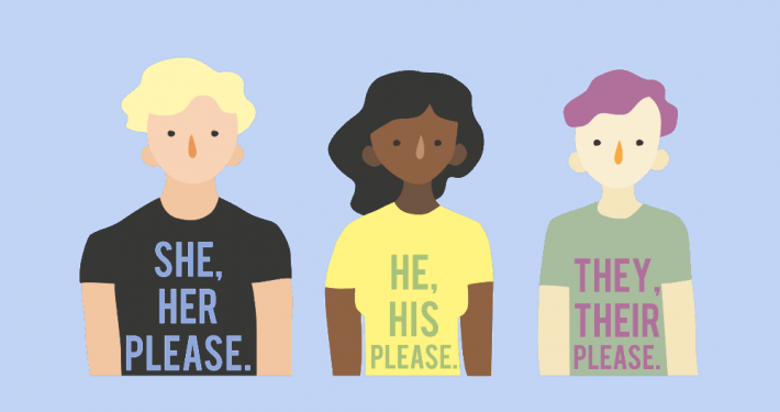 Illustration of teens using varied gender pronouns: She/Hers, He/His, They/Their