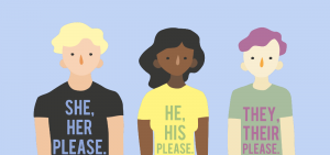 Illustration of teens using varied gender pronouns: She/Hers, He/His, They/Their